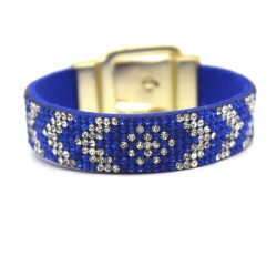 Blue faux leather modern bracelet  with white CZ and belt clasp