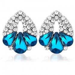Platinum plated dream blue crystal fancy 3 leaf flower earrings