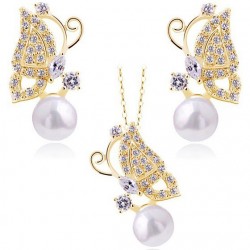 Yellow Gold plated pearl and zircon butterfly style pendant and earring set
