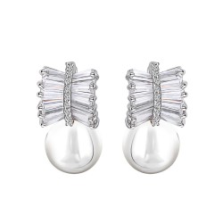 High quality platinum plated white swiss CZ diamonds pearl feather drop earring