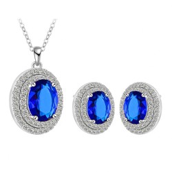 Premium quality platinum plated blue mico inlay swiss CZ diamonds oval necklace and earrings