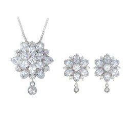 Premium quality Platinum plated White swiss CZ diamond .925 sterling silver flower drop pendant earrings and bracelet