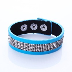 Modern faux leather blue velvet bracelet with shining white crystals