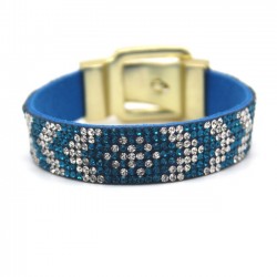Modern faux leather bracelet sky blue and white crystals with belt clasp
