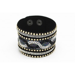 Modern faux leather bracelet with multicolor crystals and rivet clasp