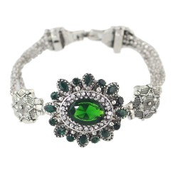 Silver plated star shaped big bracelet with green crystal